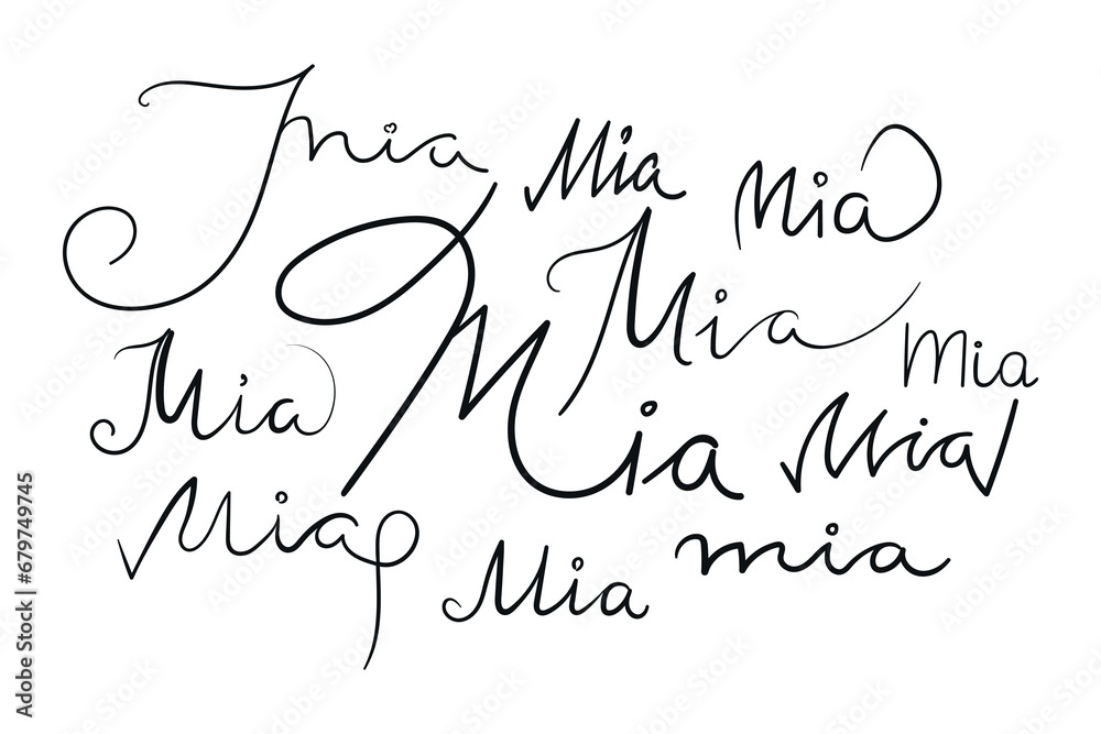 Female name Mia written in different scripts. Handwritten lettering calligraphy Girl name. Vector art Female name Mia written in different scripts. Handwritten lettering calligraphy Girl name. Vector art
