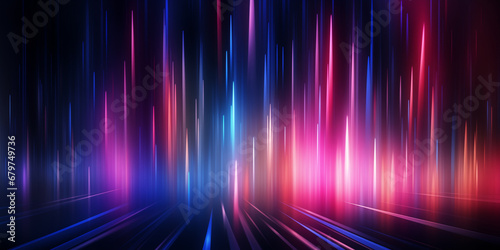 Digital wallpaper with abstract background with pink and blue glowing neon lines and bokeh lights. Data transfer concept. 