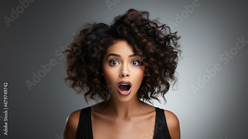 A beautiful black woman expressing surprise and shock emotion. Isolated on grey background