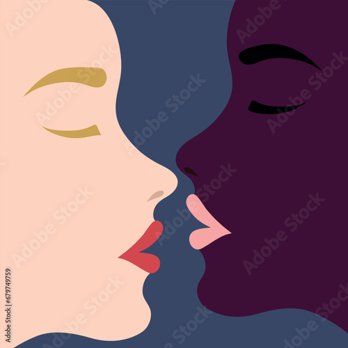 Portrait of two kissing women. Lesbian couple kissing. Vector illustration