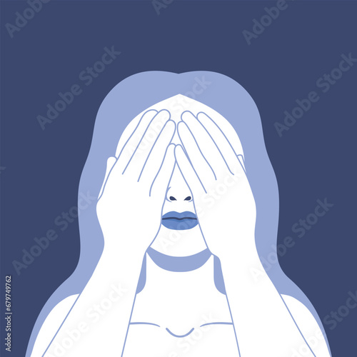 Portrait of a young woman covering her eyes with hands to avoid seeing things. Hand drawn vector illustration