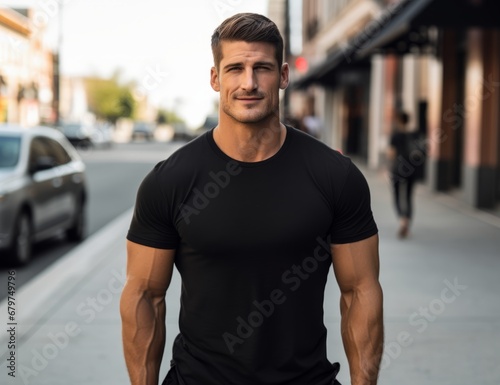 A Man Walking Down the Street in a Stylish Black Shirt
