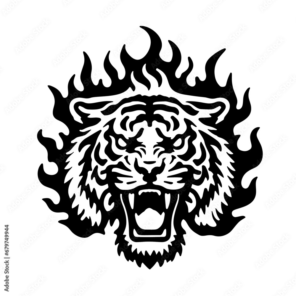 Monochrome Tiger Head Encircled by Flames Illustration - Ideal for Branding and Tattoos Monochrome Tiger Head Encircled by Flames Illustration - Ideal for Branding and Tattoos