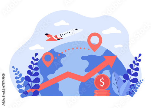 Airplane flying from one point to another. Vector illustration. Arrow upwards, stack of coins as symbol of high cost of travel. Decline in tourism, high prices for tickets concept