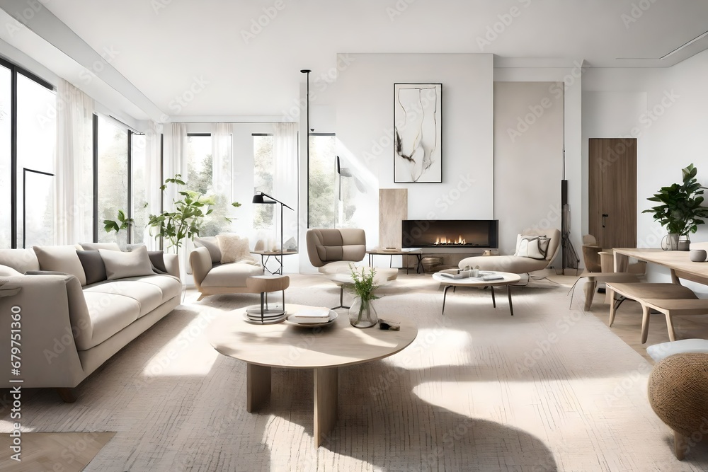 Fototapeta premium Neutral-colored interior living room with white walls