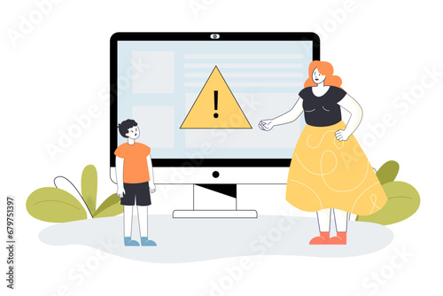 Mother forbidding her son to surf Internet vector illustration. Huge computer monitor with exclamation mark on background. Child abuse concept