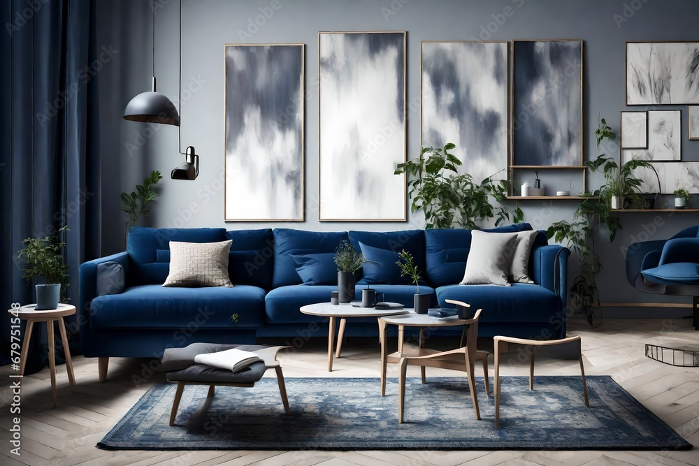 Recliner chair and dark blue sofa in a Scandinavian apartment. A contemporary living room's interior design. Recliner chair and dark blue sofa in a Scandinavian apartment. A contemporary living room's interior design.