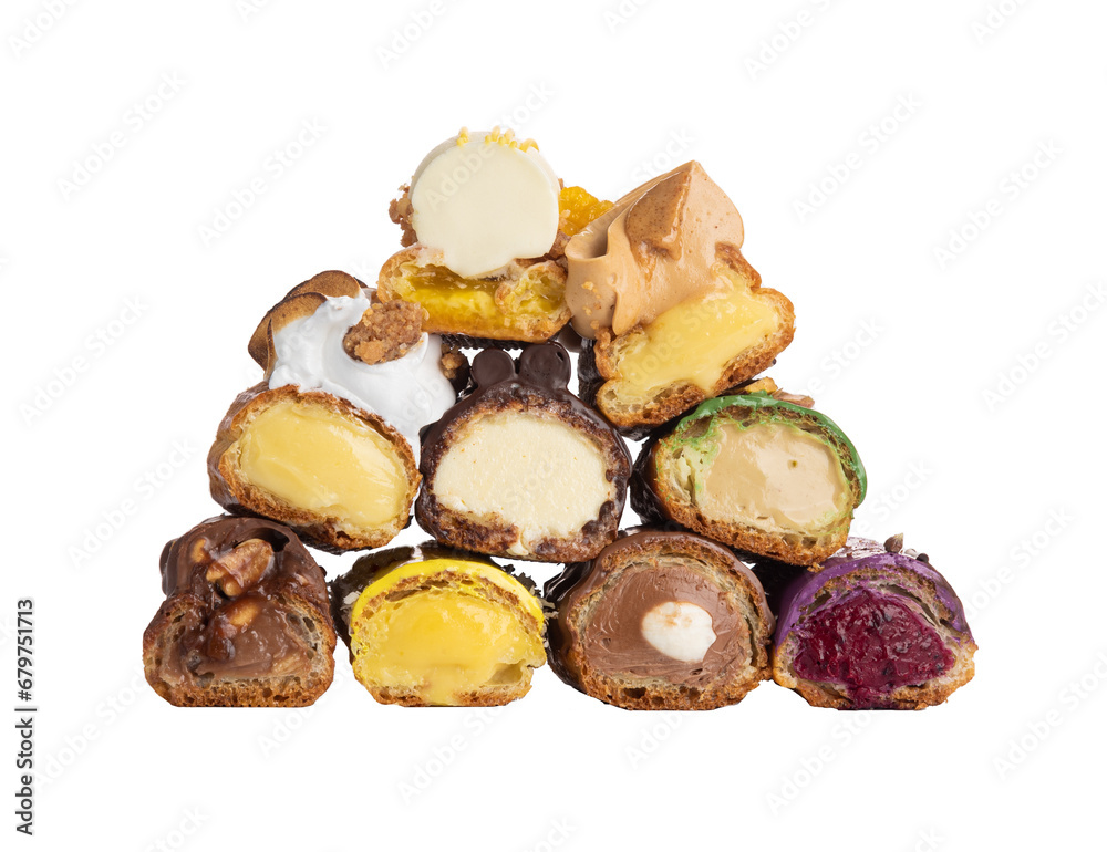 Eclairs, cutaway handmade cake. Isolated on white background Eclairs, cutaway handmade cake. Isolated on white background