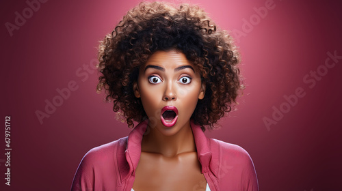 A beautiful black woman expressing surprise and shock emotion. Isolated on pink background photo