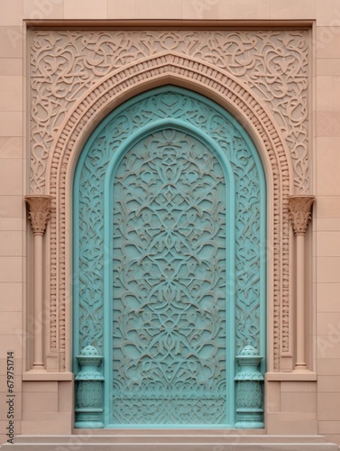 a decorative detailed door of a mosque entrance with blue color pastel