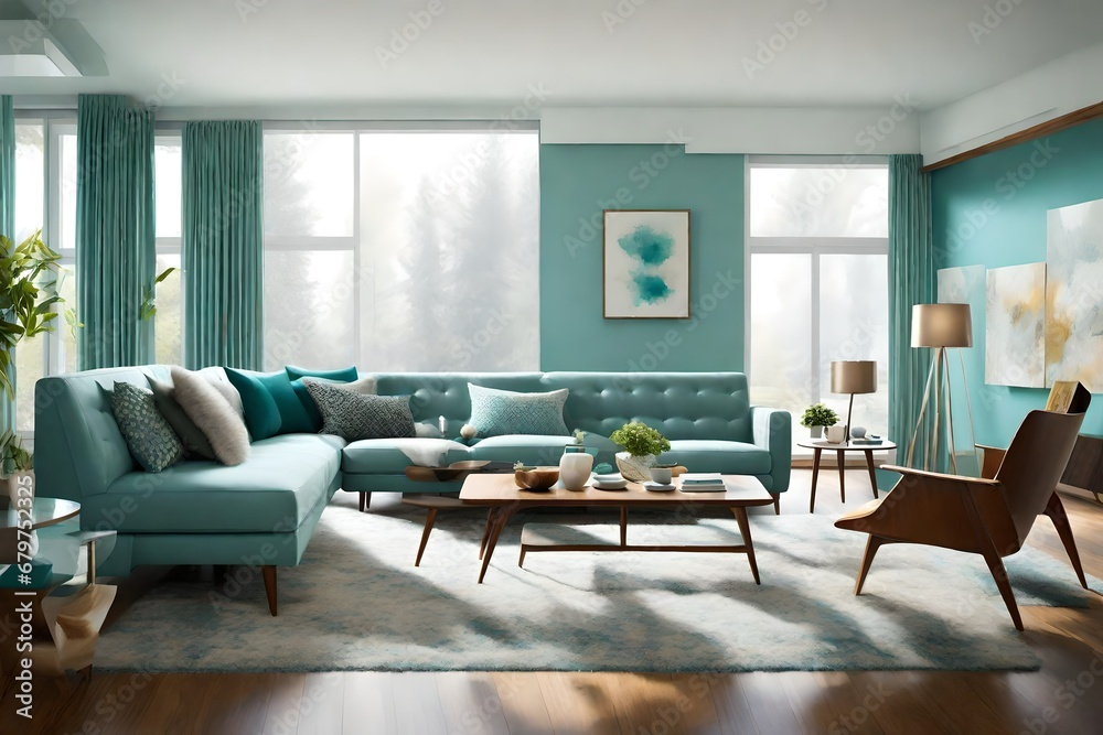 Fototapeta premium Paint a vivid picture of a modern living room in a mid-century modern-style home, highlighting the use of calming aqua tones, sleek furniture, a fur blanket on a grey sofa