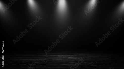 Product showcase with spotlight. Black studio room background. Use as montage for product display