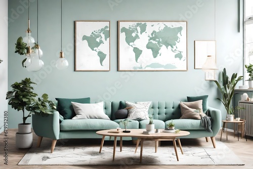 Stylish scandinavian living room interior with design mint sofa, furnitures, mock up poster map, plants, and elegant personal accessories. Home decor. Interior design. Template.  photo