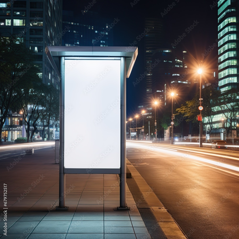 Vertical blank white billboard at bus stop on city street. In the background buildings and road. Mock up. Vertical blank white billboard at bus stop on city street. In the background buildings and road. Mock up.