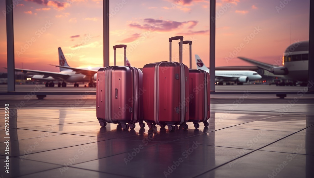 Three Red Suitcases Waiting for Adventure at the Airport - obrazy, fototapety, plakaty 