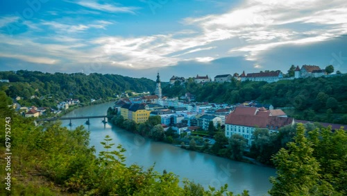 Village of Burghausen in Bavaria, Germany. View from the Austrian side over the River Salzach. Timelapse Video