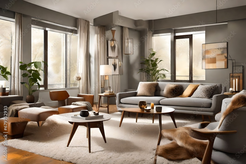 Paint a vivid picture of a modern living room in a mid-century modern-style home, featuring calm, neutral tones, sleek furniture, a fur blanket on a grey sofa near a coffee table with candles Paint a vivid picture of a modern living room in a mid-century modern-style home, featuring calm, neutral tones, sleek furniture, a fur blanket on a grey sofa near a coffee table with candles