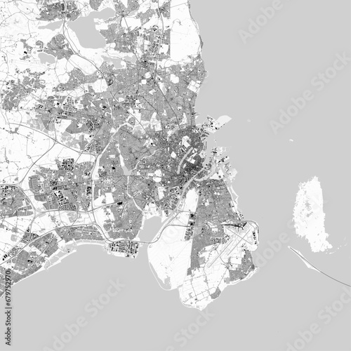Copenhagen map. Detailed light map of Copenhagen (Denmark). Natural features (lakes, rivers), various types of roads and buildings are grouped separately.