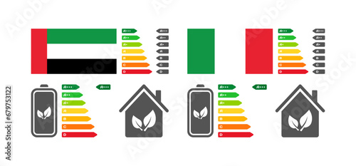 Letter rating icons. Flat, color, OAE, Italy national flag, battery letter rating, houses. Vector icons
