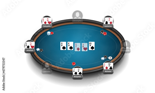 Poker table with players, cards and chips. Poker room. Texas hold'em online game. Vector illustration.