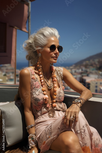 Generative AI portrait senior fashionable woman model wearing sumptuous dress
