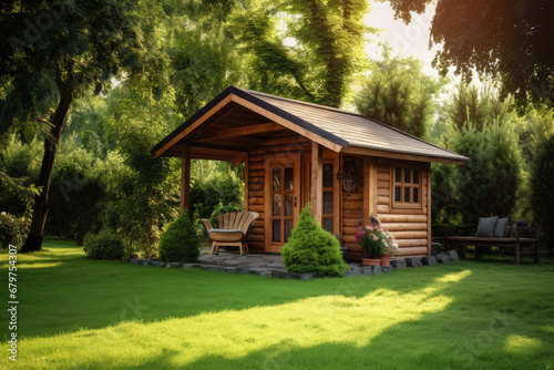 Wooden shed in the garden, with grass lawn