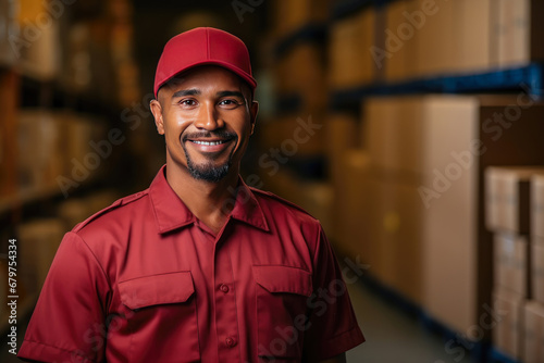 Portrait of a post express worker holding box for delivery.