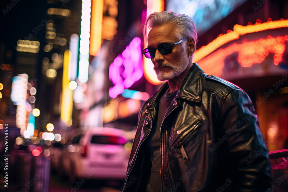 Obraz premium Generative ai portrait of a biker senior man bearded wearing leather jacket