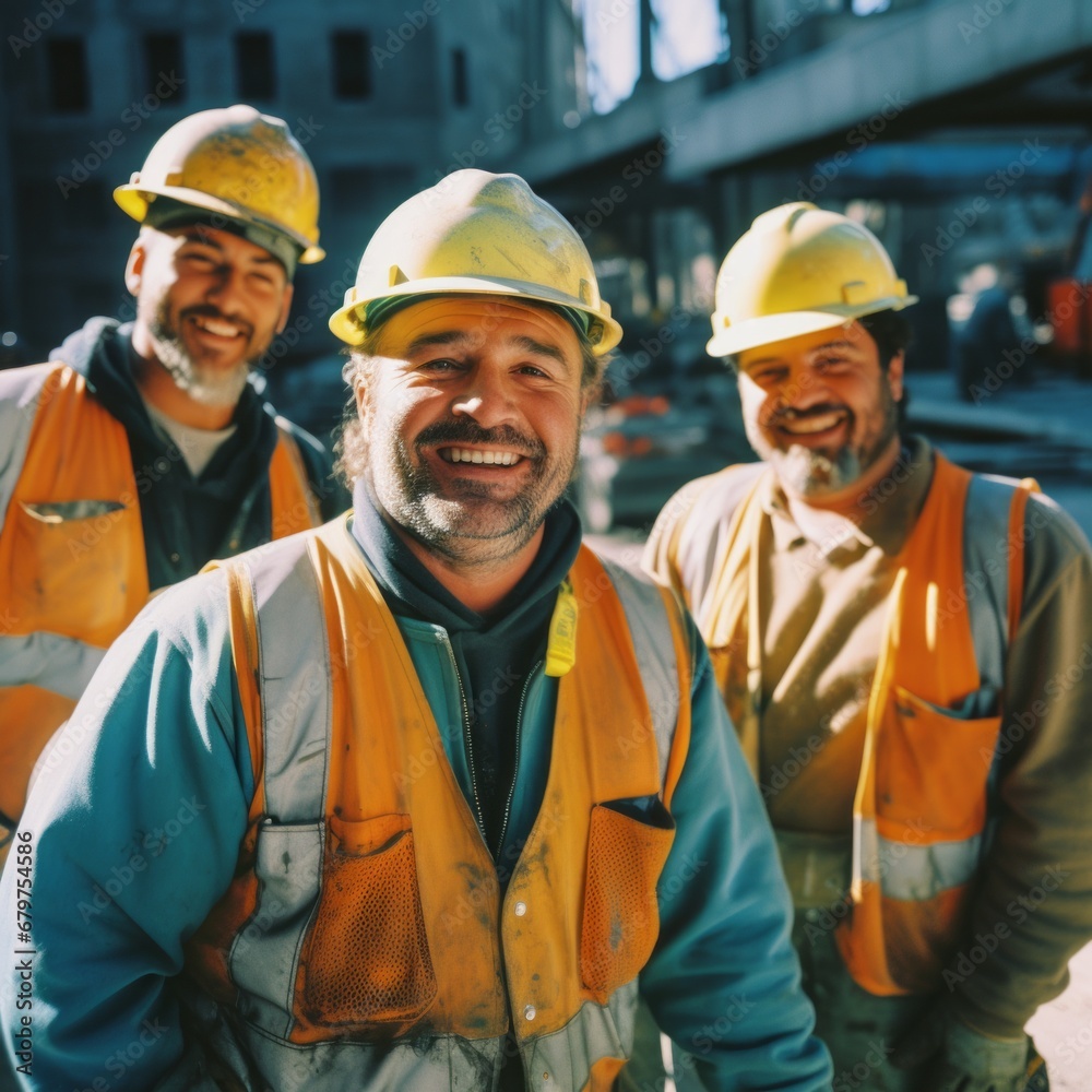 Construction workers radiate joy during hard work Construction workers radiate joy during hard work