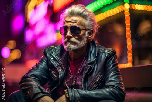 Generative ai portrait of a biker senior man bearded wearing leather jacket
