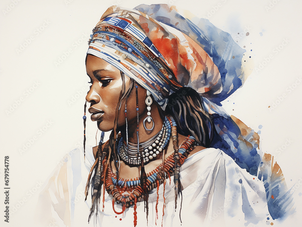 cultura africana em arte aquarela  - obrazy, fototapety, plakaty 