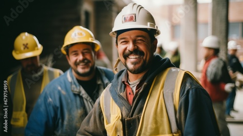 Construction workers radiate joy during hard work photo