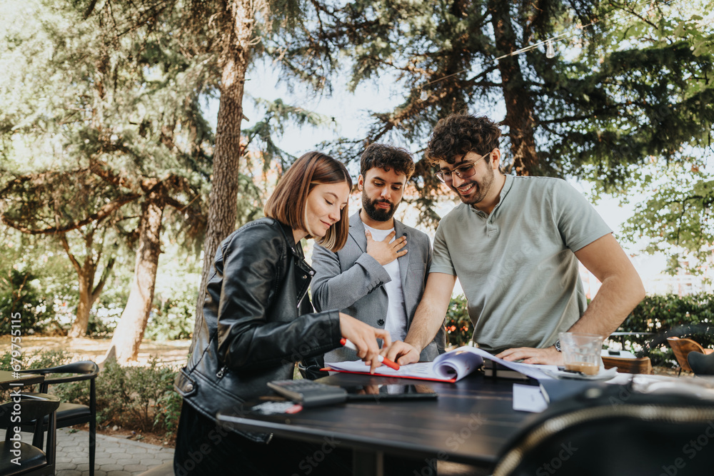 Business professionals discuss and analyze strategies, budgets, and investments in a busy urban city. They collaborate, innovate, and achieve milestones for successful business growth.