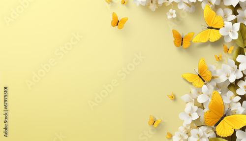 Yellow butterflies and white flowers on a pastel yellow background