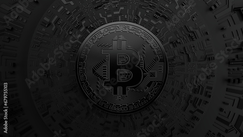 Black Bitcoin on black technological background and futuristic printed circuit. Digital Currency. 3d rendering