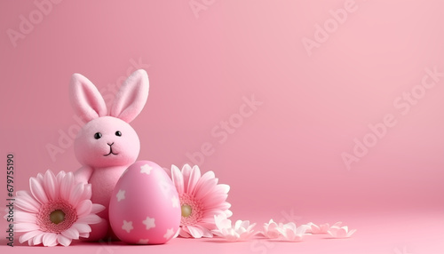 Cute Easter Bunny with Pink Egg and Flowers on a Pastel Pink Background
