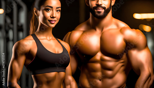 Athletic muscular torsos of woman and man on a black background. Design concept for a gym or fitness.