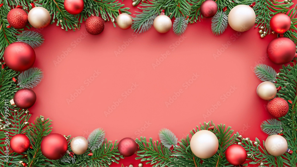 Fundo natalino vermelho com enfeites ao redor do quadro. Galhos de pinheiro e bolas de natal. Com espaço para texto. Fundo natalino vermelho com enfeites ao redor do quadro. Galhos de pinheiro e bolas de natal. Com espaço para texto.