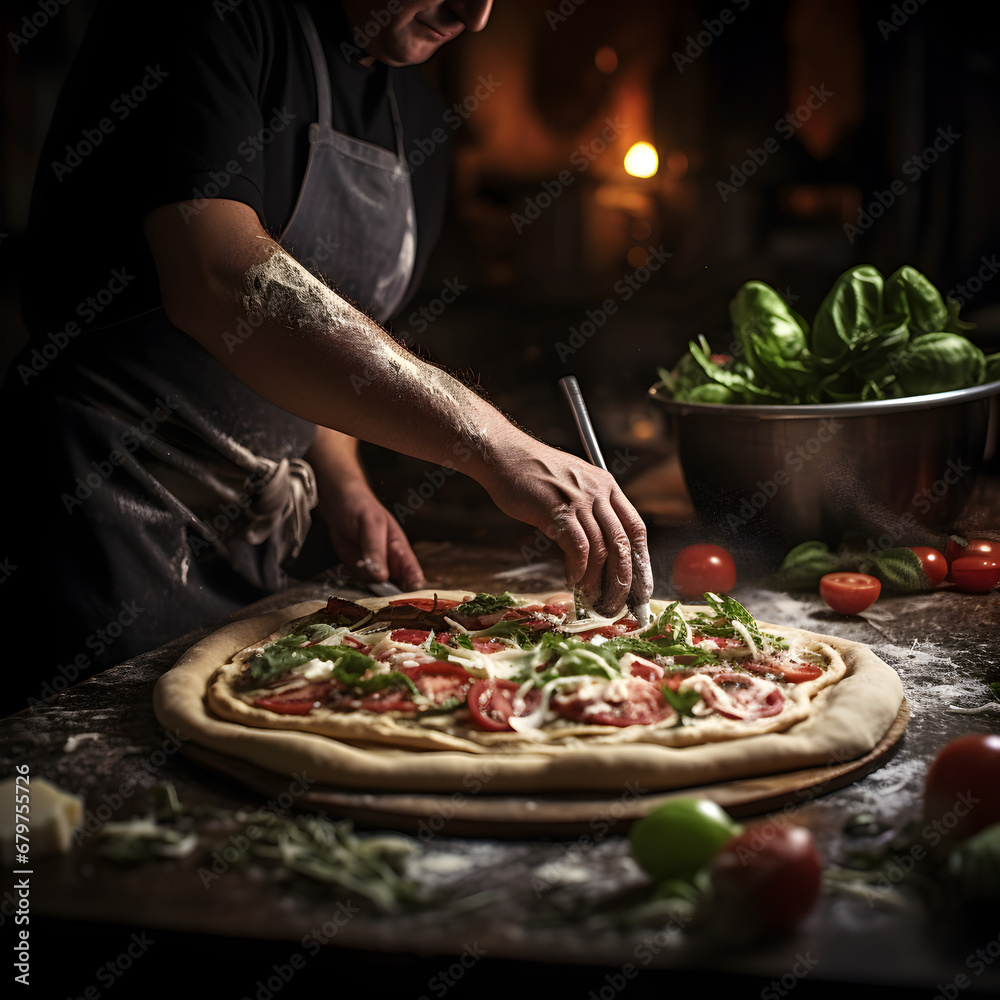 close up artisanal pizza maker creating a rustic pizza ingredients in a dark, artistic kitchen, dark lighting, close up shot.