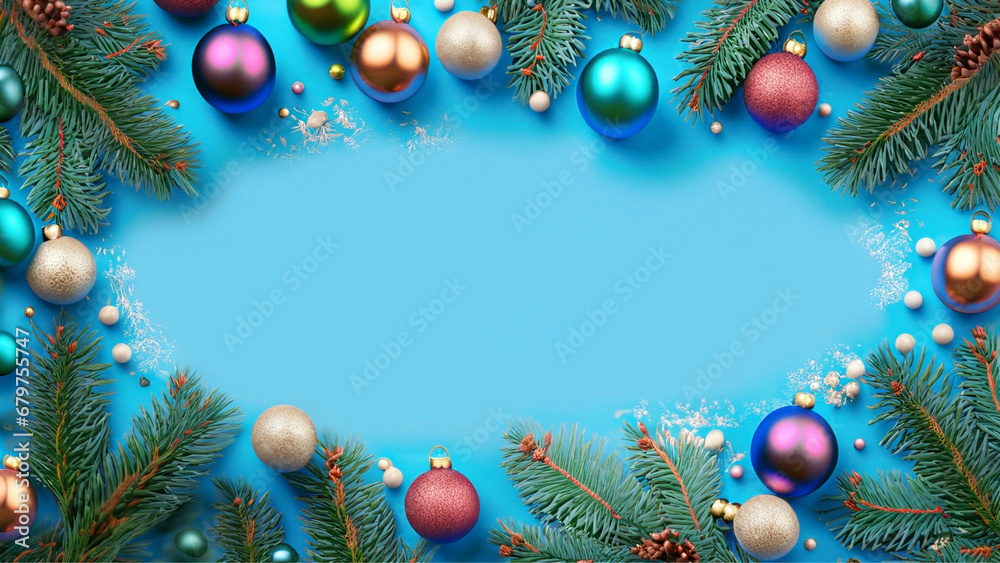 Fundo natalino azul com galhos de pinheiro e bolas de Natal coloridas ao redor. Espaço para texto.