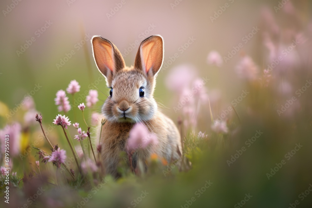 Little bunny hiding in flowers in sunny day. Cute fluffy rabbit on the meadow on warming spring day. Easter greeting card, background, banner, wallpaper with copy space