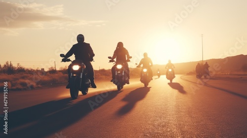 Brotherhood of motorcyclists on the open road at sunset