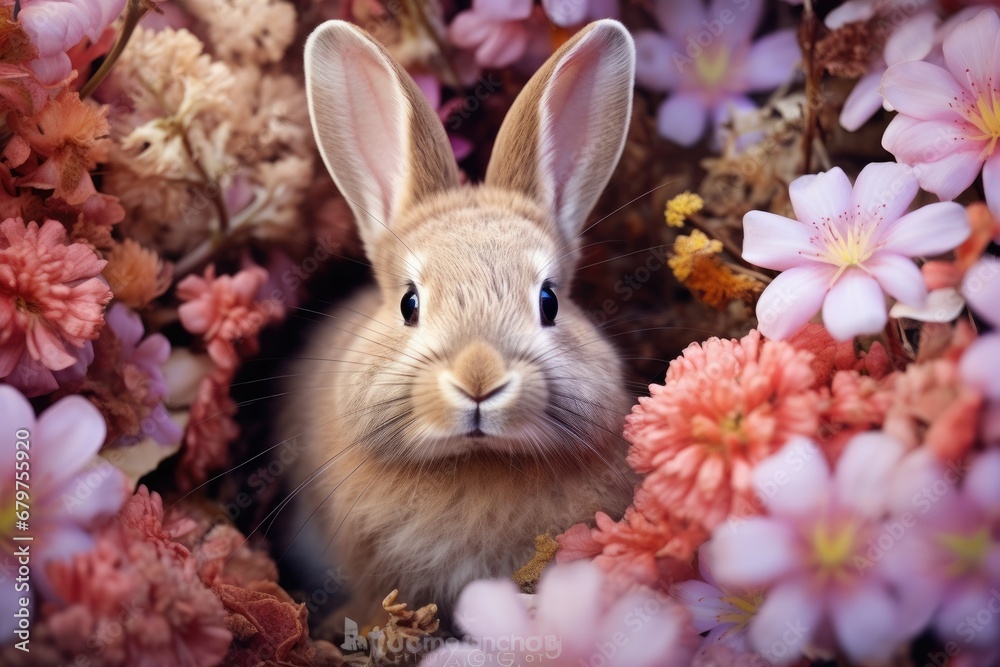 Little bunny hiding in flowers in sunny day. Cute fluffy rabbit on the meadow on warming spring day. Easter greeting card, background, banner, wallpaper with copy space Little bunny hiding in flowers in sunny day. Cute fluffy rabbit on the meadow on warming spring day. Easter greeting card, background, banner, wallpaper with copy space