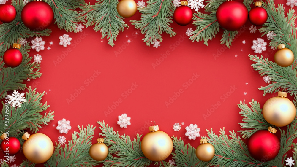 Fundo natalino vermelho com enfeites ao redor do quadro. Galhos de pinheiro e bolas de natal. Com espaço para texto. Fundo natalino vermelho com enfeites ao redor do quadro. Galhos de pinheiro e bolas de natal. Com espaço para texto.