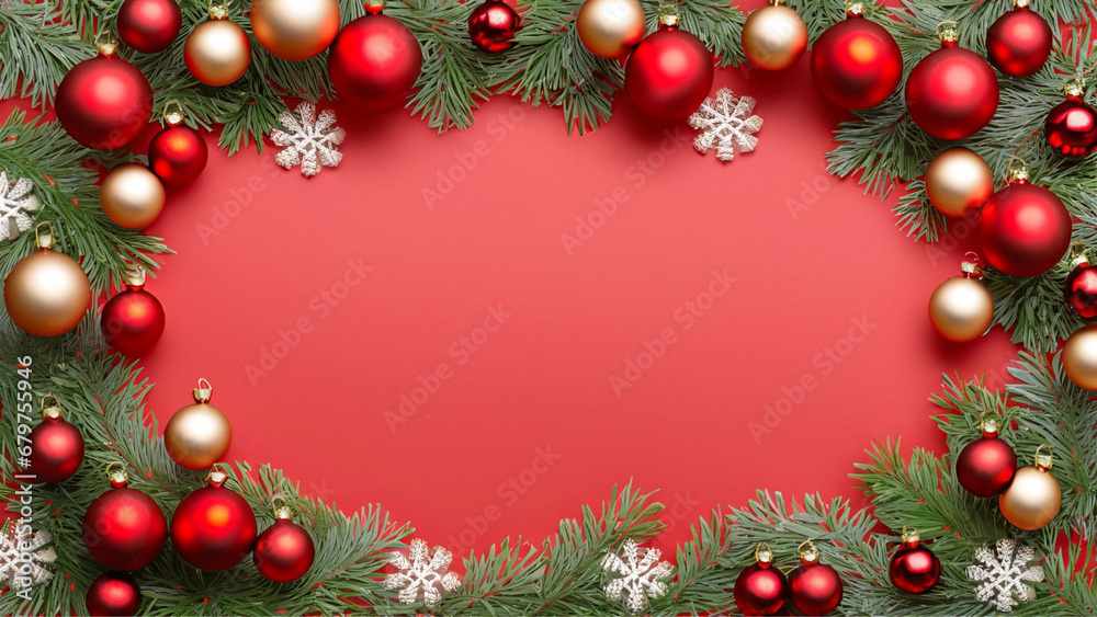 Fundo natalino vermelho com enfeites ao redor do quadro. Galhos de pinheiro e bolas de natal. Com espaço para texto.