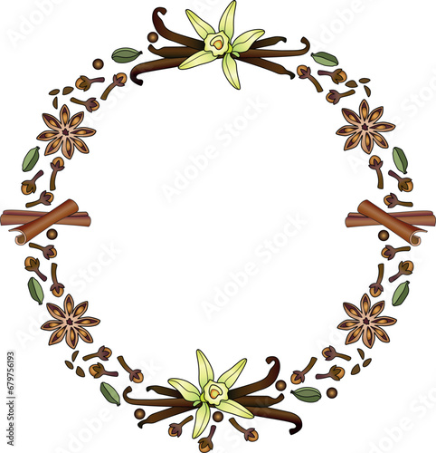 Round frame made of spices. Vanilla cardamom, cloves, cinnamon, star anise - vector full color. Printable spices frame
