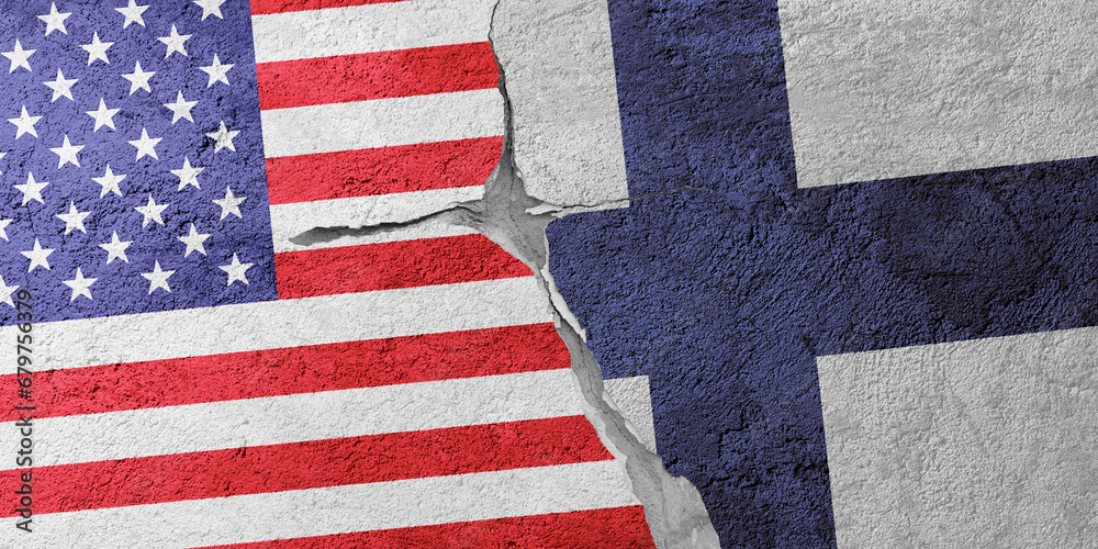 Obraz premium USA and Finland flags on a stone wall with a crack, illustration of the concept of a global crisis in political and economic relations
