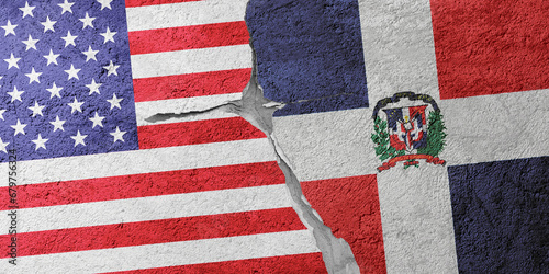 Fototapeta Naklejka Na Ścianę i Meble -  USA and Dominican Republic flags on a stone wall with a crack, illustration of the concept of a global crisis in political and economic relations