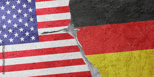 USA and Germany flags on a stone wall with a crack, illustration of the concept of a global crisis in political and economic relations