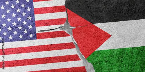 USA and Palestine flags on a stone wall with a crack, illustration of the concept of a global crisis in political and economic relations